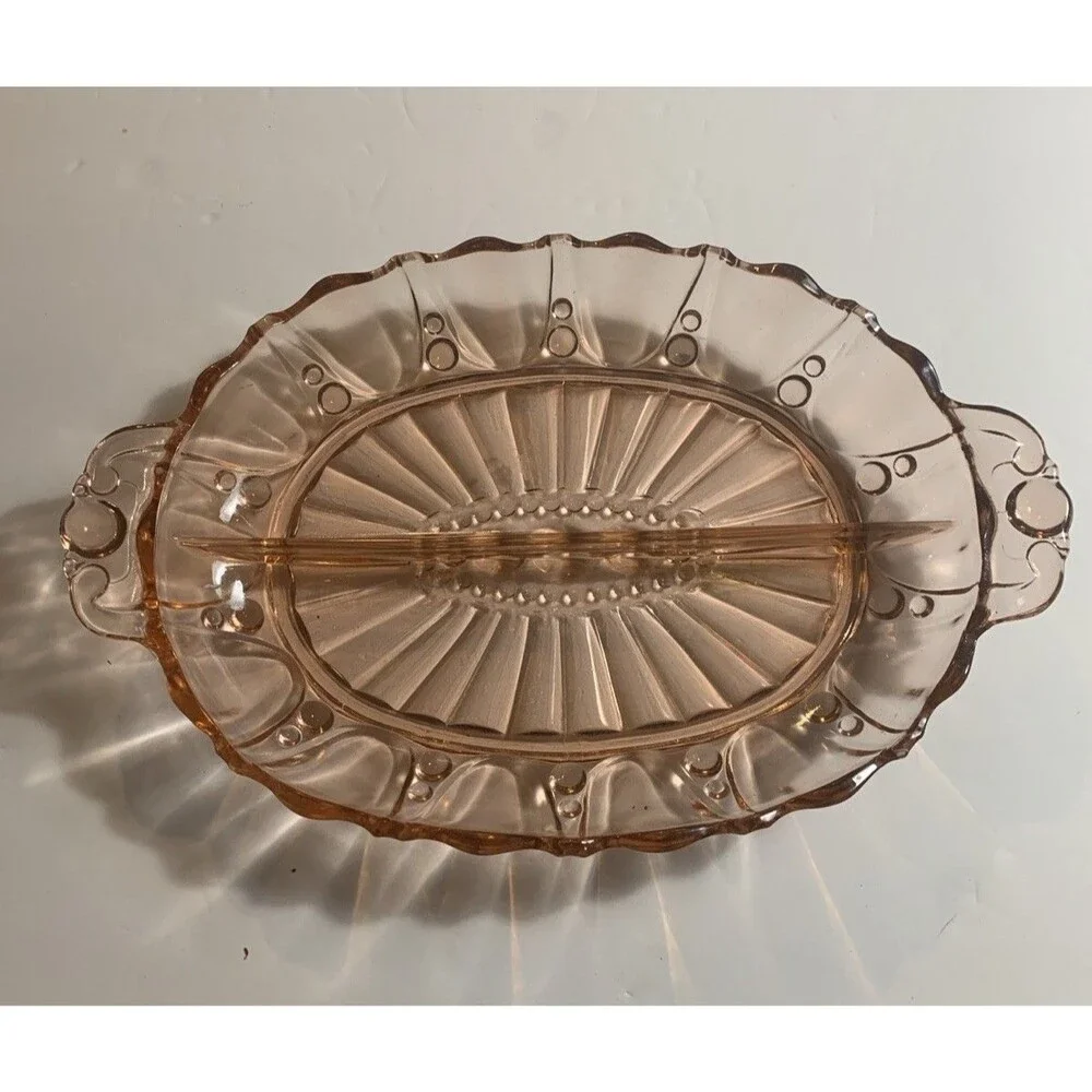 VINTAGE Hocking Depression Glass PINK Serving / Relish Bowl Dish Oyster & Pearl